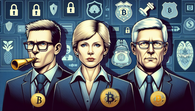 A digital illustration showing Edward Snowden, Senators Cynthia Lummis and Ron Wyden standing against a backdrop of Bitcoin logos and digital locks, with shadows of DOJ badges looming over them, representing the battle for privacy and innovation in the cryptocurrency space.