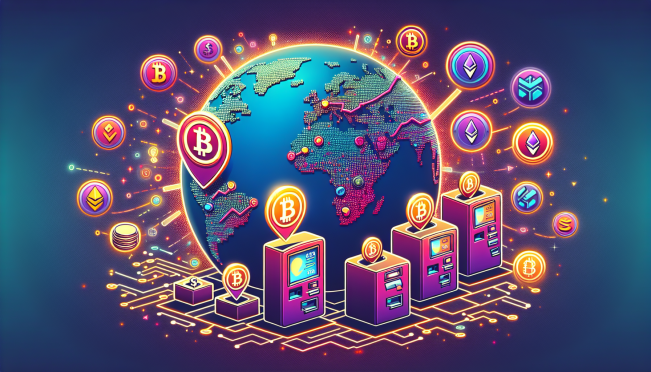 A dynamic, global map highlighting the surge in cryptocurrency ATM installations with prominent operators like Bitcoin Depot, Coinflip, and Athena Bitcoin. Include symbols of popular cryptocurrencies such as Bitcoin, Ether, and Litecoin, and show growth trends visually.