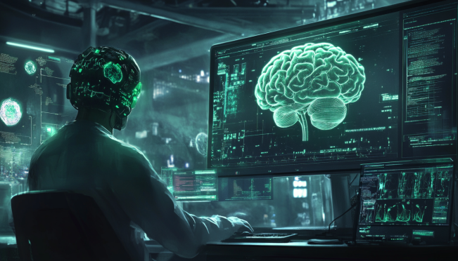 A futuristic scene showing a person with a brain implant interacting with a computer using their thoughts. Background elements could include futuristic medical devices, a digital interface showing brain signals, and a vision of potential superpowers such as enhanced vision.