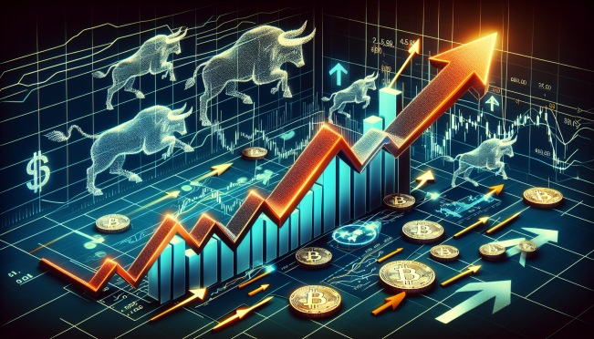 A graph showing Litecoin's price trajectory breaking through a resistance line, with symbols of bulls and upward arrows around it, embodying the concept of a bullish market rally