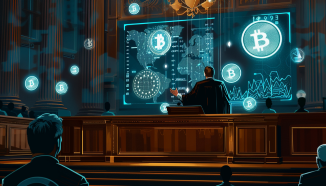 A courtroom scene with a judge approving a digital asset distribution plan, featuring symbols of Bitcoin and other cryptocurrencies, and a contrasting image of a despondent parent company representative looking at a graph showing rising crypto prices.