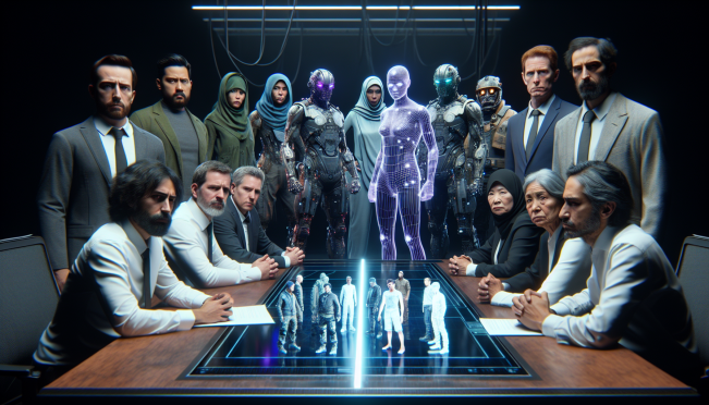 A tense negotiation scene between video game actors and studio executives, with elements of video game production like motion capture suits and AI-generated characters, capturing the conflict over AI protections.