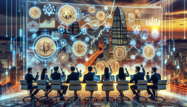 An image depicting South Korean regulators overseeing cryptocurrency transactions, with elements like digital coins, financial charts, and a backdrop of South Korea's iconic landmarks.