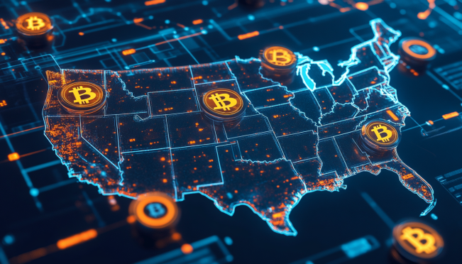 A digital image depicting a virtual fence surrounding a map of the United States, symbolizing geofencing in the crypto industry. Include icons of cryptocurrency symbols like Bitcoin and Ethereum scattered around the map. The background should show a blend of blockchain elements and regulatory symbols to emphasize the theme of regulatory compliance.