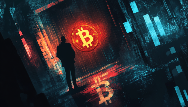 A digital illustration showing a shadowy figure shutting down a TON wallet drainer, with a Bitcoin symbol in the background, symbolizing the shift to Bitcoin draining. The scene should convey a sense of secrecy and the evolving nature of crypto scams.