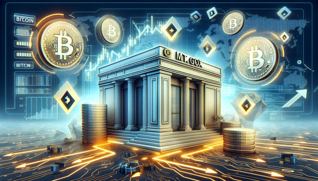 A visual representation of Mt. Gox exchange with Bitcoin and Bitcoin Cash symbols, illustrating repayment to users and potential market impact