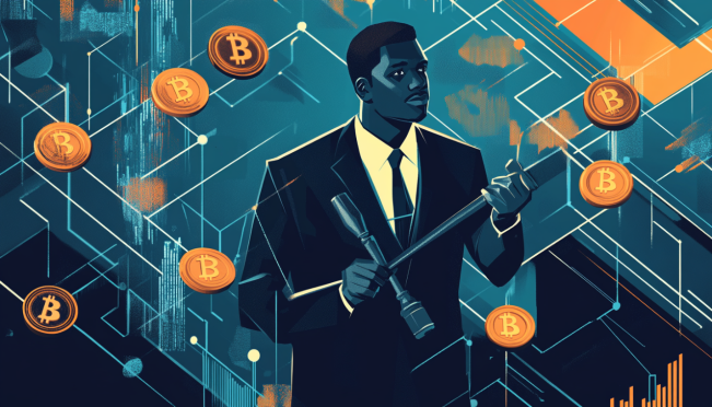 A dynamic illustration showing a Nigerian SEC official standing firm with a gavel, overseeing a bustling digital asset marketplace with both approved and unapproved crypto exchanges, symbolizing regulatory oversight and enforcement.