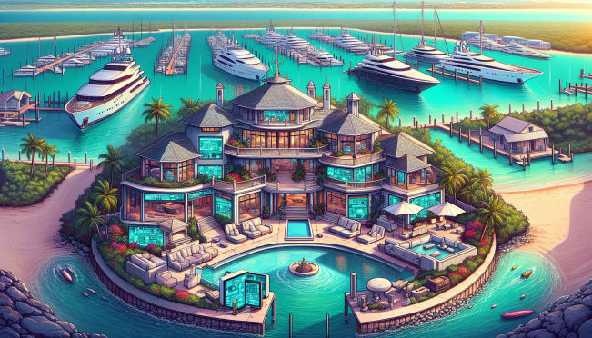 A luxurious residence in the Bahamas overlooking the marina, symbolizing the forfeiture of property in legal settlements related to the cryptocurrency industry