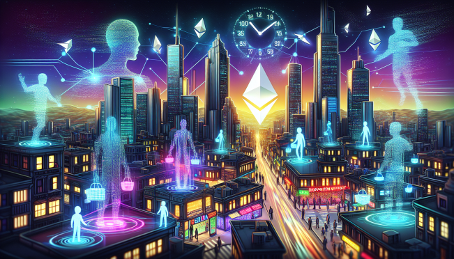 Illustrate a vibrant and futuristic cityscape where towering structures symbolize Ethereum's layer-2 networks. Within this city, a diverse group of digital avatars representing developers and investors navigate bustling streets filled with glowing data streams. At the center of the city, a monumental clock counts down to the Dencun upgrade, emitting a brilliant light that signifies the impending transformation. Above, a flock of metaphorical birds made of binary code soar, symbolizing the community's anticipation and excitement for the potential elimination of gas fees. The city's skyline is adorned with holographic banners proclaiming 'Innovation Without Limits' and 'Cost-Free Horizons,' reflecting the collective optimism surrounding Ethereum's future post-upgrade.