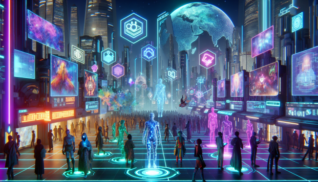 Imagine a vibrant digital metropolis bustling with neon lights and futuristic structures, where gamers traverse through a maze of interconnected pathways representing the collaboration between OKX and Immutable. In this cyberpunk landscape, game assets float like holographic data orbs, symbolizing the seamless integration of the GameFi launchpad on OKX's NFT marketplace. Players, dressed in eclectic outfits inspired by diverse cultures, exchange these digital assets while being guided by avatars resembling Robbie Ferguson and Jason Lau. The backdrop showcases towering skyscrapers adorned with intricate NFT artworks from titles like Guild of Guardians and Shardbound, hinting at the immersive gaming experiences awaiting adventurers in the Immutable zkEVM network.