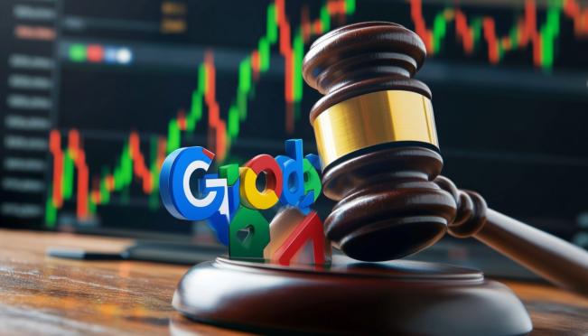 A gavel striking on a Google logo, with elements representing Android, Chrome, and AdWords breaking apart. Background depicting a stock market chart showing fluctuations.