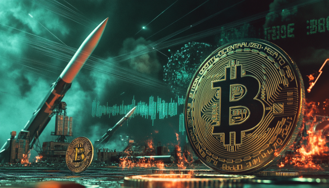 A visually striking image depicting the impact of geopolitical tensions on Bitcoin and other cryptocurrencies, showing a fluctuating Bitcoin graph with military elements like missiles and defense systems in the background.