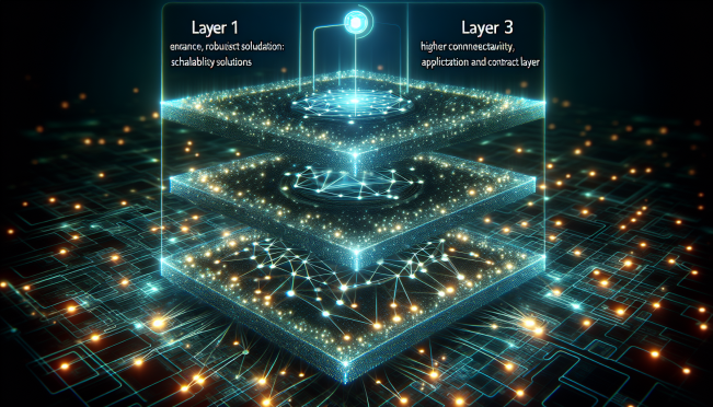 futuristic blockchain network illustrating Layer 1, Layer 2, and Layer 3 connectivity