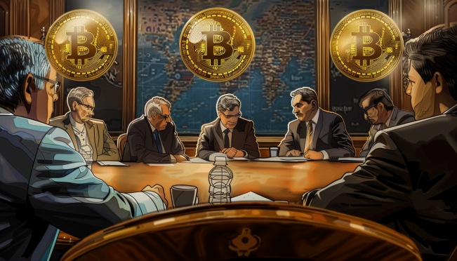 An image showing Argentinian and Salvadoran officials in a formal meeting setting, discussing Bitcoin regulation, with symbols of Bitcoin and digital assets in the background.