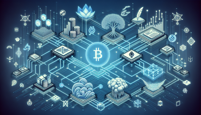 An illustration showing a futuristic and interconnected supply chain network powered by blockchain technology, with symbols representing SBI Group, Ripple, and the XRP Ledger prominently featured.