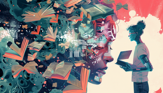 Illustration of writers using AI tools to generate ideas, with a mixture of diverse and similar stories emerging from a machine, highlighting both creativity and uniformity.