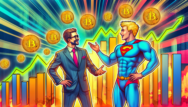 A vibrant and dynamic scene depicting Donald Trump and Mark Cuban with Bitcoin symbols soaring in the background, representing the potential surge in Bitcoin's value due to Trump's policies.