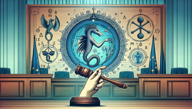 A courtroom scene with Kraken's logo prominently displayed, digital assets like Cardano (ADA), Algorand (ALGO), and Cosmos (ATOM) in the background, and a judge's gavel symbolizing the legal battle against the SEC.