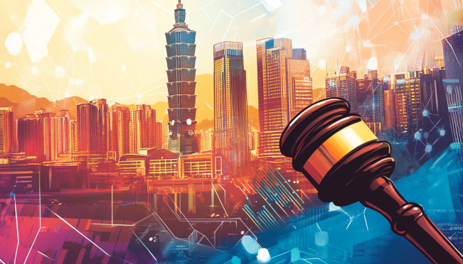 An illustration of Taiwan with a digital blockchain overlay and a gavel symbolizing regulatory measures, capturing the essence of new crypto regulations.