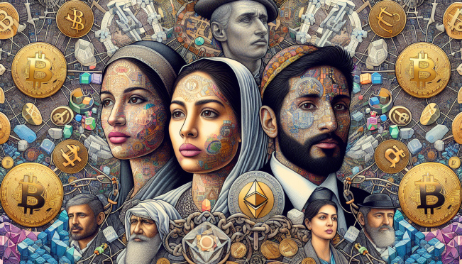 A visually engaging image depicting Kamala Harris, Anthony Scaramucci, and a background with cryptocurrency symbols like Bitcoin, Ethereum, and blockchain elements. The image should also show a contrast between pro-crypto and anti-crypto political figures like Elizabeth Warren and Gary Gensler.