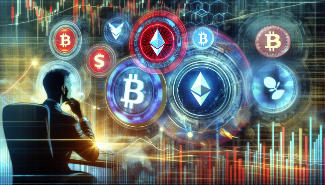 A visually engaging scene where a U.S. politician is depicted analyzing cryptocurrency charts, with vibrant representations of Aerodrome Finance (AERO) and Ethereum (ETH) logos, set against a backdrop of fluctuating market graphs and digital assets.