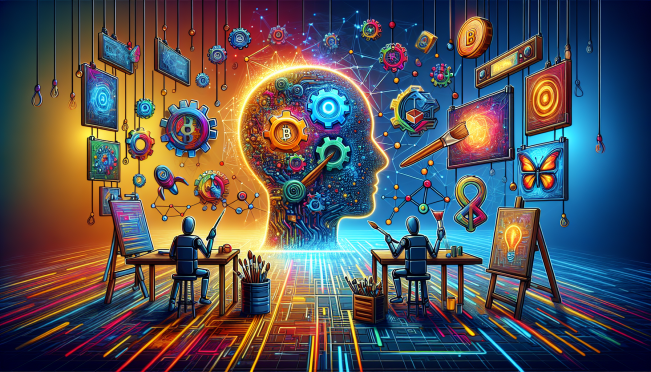 An artistic representation of a digital workshop where AI and blockchain technology come together to create vibrant and unique NFT artworks, illustrating the synergy between Polygon Labs and ChainGPT.