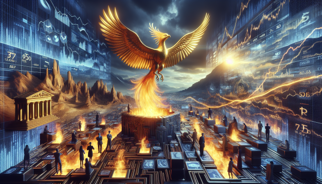 Visualize a surreal scene where a majestic golden phoenix rises from the flames of market volatility, symbolizing the historic surge in gold prices. The phoenix soars high above a turbulent digital landscape, with shimmering gold feathers reflecting the uncertainty of global financial markets. Below, a diverse group of investors navigate a maze of shifting economic symbols, each representing a different investment strategy. The backdrop features a fusion of ancient ruins and futuristic skyscrapers, blending historical references with a cyberpunk aesthetic. The entire scene is bathed in a golden glow, emphasizing the dual nature of gold as a safe haven and speculative asset in times of economic turmoil.