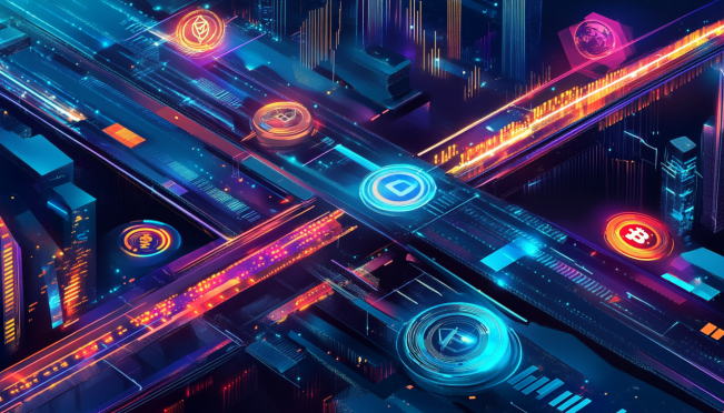 A futuristic illustration of the Russian financial system integrating with cryptocurrency exchanges, featuring the Russian ruble and digital tokens in a cross-border transaction scenario