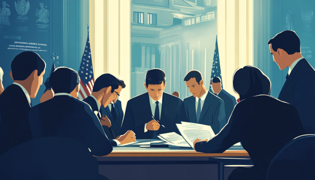 A detailed illustration showing a group of lawmakers in a formal committee setting, examining documents with the SEC building in the background. Highlight the contrast between political figures and the regulatory body.