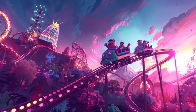 Visualize a rollercoaster ride symbolizing the dramatic fluctuations of Bobaoppa memecoin in a digital art form, with elements representing Solana blockchain and a whimsical character named Boba Oppa embarking on an adventurous quest.