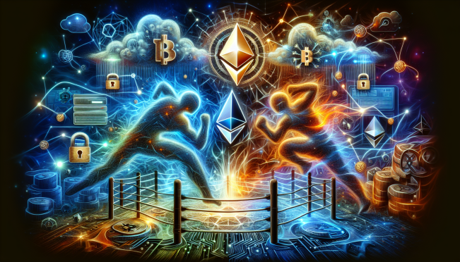 A dynamic digital artwork depicting a symbolic clash between Bitcoin and Ethereum, with elements of decentralization, security, and cloud computing in the background.