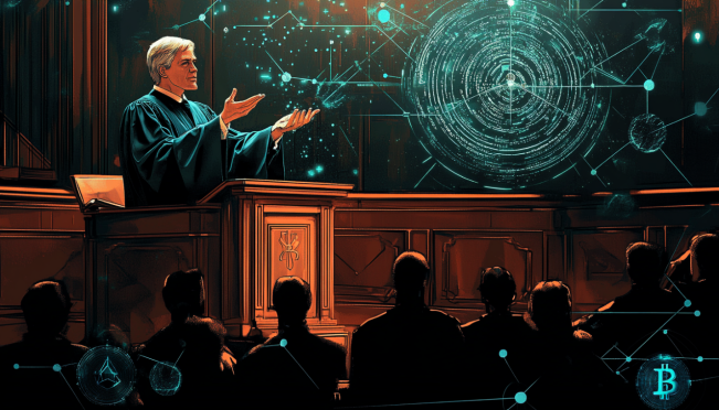 A courtroom scene with a judge making a ruling, with elements of blockchain and coding subtly incorporated, symbolizing the intersection of law and technology in the cryptocurrency world.