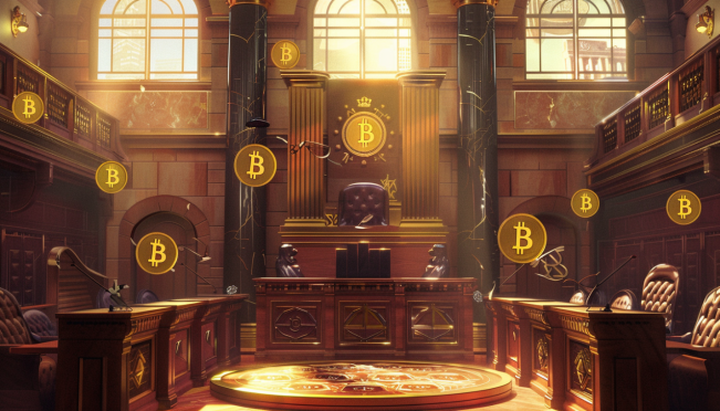 A courtroom scene with blockchain elements, featuring tokens and digital contracts, contrasting traditional legal symbols. Include a sports-themed backdrop to highlight Chiliz's involvement in the sports industry.