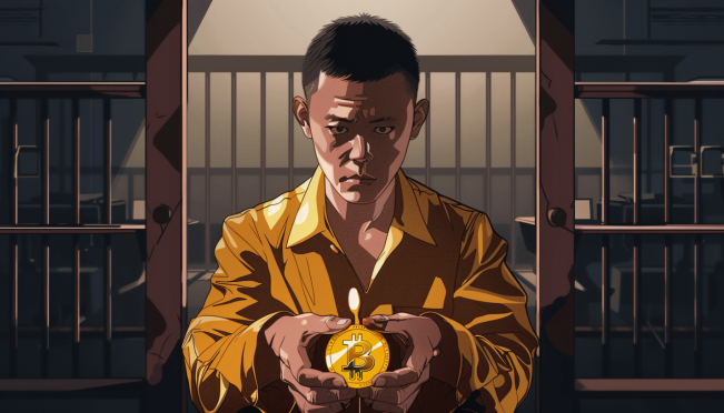 Changpeng Zhao in a prison cell holding a Binance Coin (BNB) token, with a courtroom backdrop and digital blockchain elements.