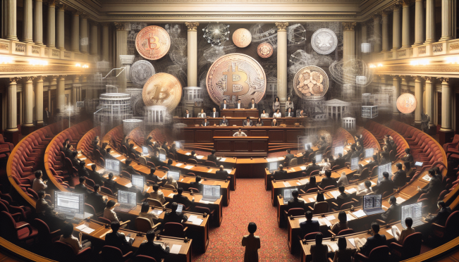 A dramatic scene of the US House of Representatives in session, with digital assets like cryptocurrency symbols subtly integrated into the background, highlighting the debate and urgency of the vote.