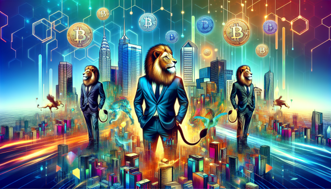 A vibrant digital cityscape with lions in business attire, representing tycoons. They are engaged in competitive activities like building cities and defending against attacks. Include futuristic elements and symbols of cryptocurrency and NFTs to capture the essence of the game.