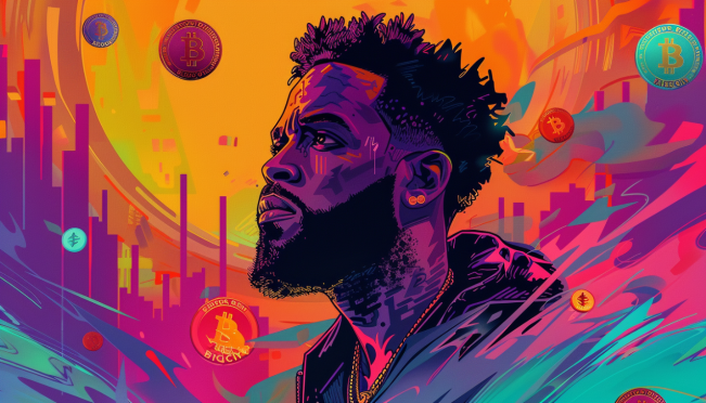 A dynamic and colorful illustration featuring Jason Derulo with digital assets and tokens swirling around him, set against a backdrop of trading charts and crypto symbols. Include elements that suggest controversy and rapid price changes.