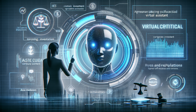 A futuristic scene depicting Amazon's Alexa with advanced AI capabilities, showing a user interacting with a high-tech virtual assistant. Include elements of corporate investment and regulatory scrutiny subtly in the background.