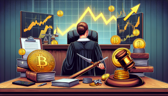 A courtroom scene with a judge making a ruling, a Bitcoin logo, and stock market charts showing a decline. Include elements representing legal documents and cryptocurrency mining.