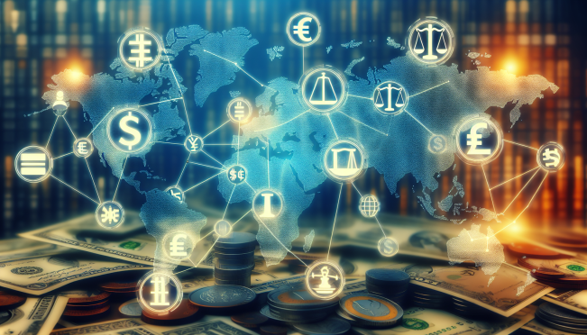 A global map with various currencies symbolizing stablecoins interconnected with legal documents and scales of justice, embodying the concept of worldwide regulatory harmonization for digital currencies