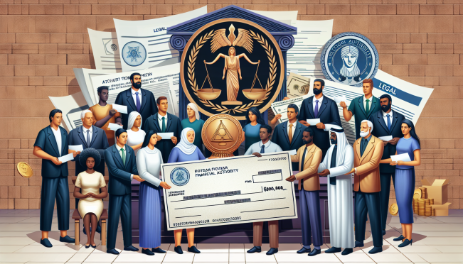 A diverse group of people receiving checks or financial assistance, with a backdrop of legal documents and a CFPB logo, symbolizing relief and justice for victims of financial fraud.