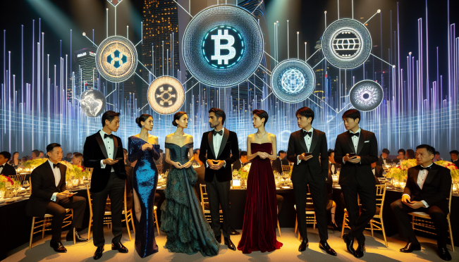 An elegant gala event at Marina Bay Sands, Singapore, featuring a diverse group of people in formal attire, engaging in discussions about blockchain and cryptocurrency, with a backdrop of futuristic digital graphics and token symbols.