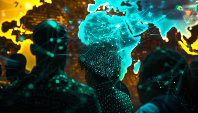 A vibrant, tech-inspired visual montage representing the Blockchain Africa Conference, featuring diverse speakers, digital blockchain networks, and the silhouette of the African continent illuminated by digital connections.