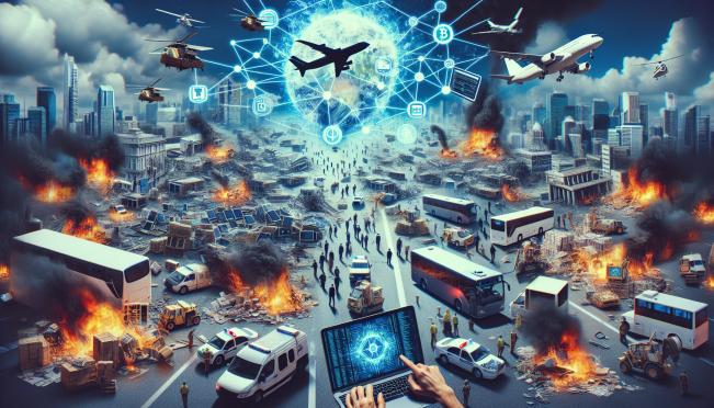 A chaotic scene depicting a global IT blackout with non-functional computers, financial institutions, airports, and emergency services in disarray. In the background, contrasting imagery of decentralized blockchain systems operating smoothly should be included.