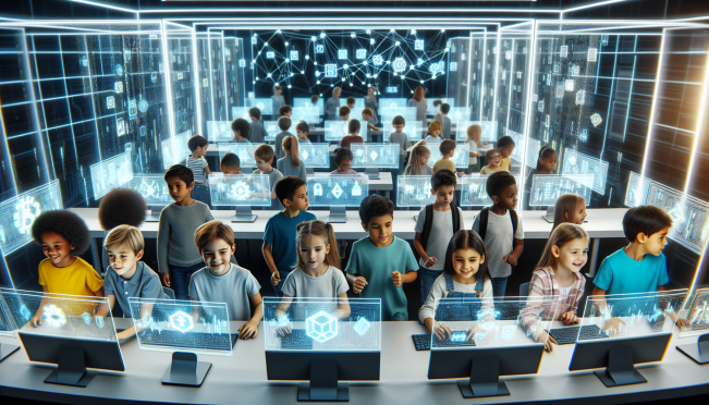 Digital classroom with children interacting with blockchain technology