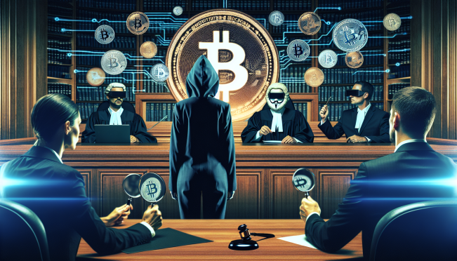 A courtroom with a serious judge, lawyers, and Alexey Pertsev, the developer behind Tornado Cash, standing in the dock. Background elements should include digital representations of cryptocurrency symbols and an image of the Tornado Cash logo being scrutinized by magnifying glasses.