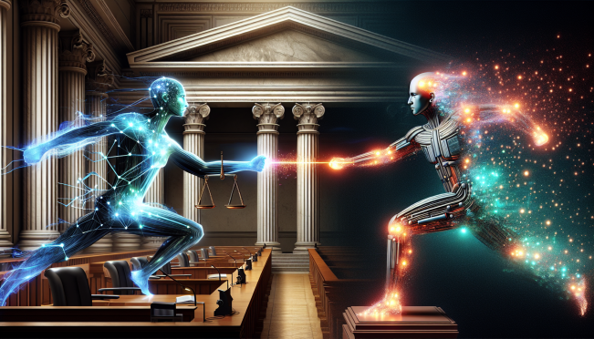 An image depicting a symbolic courtroom battle between a representation of innovation and technology (perhaps as a futuristic, digital entity) and a traditional, conservative financial system (represented by a classical, imposing bank or governmental building). The image should capture the essence of struggle, progress, and the potential for transformation within the financial sector.