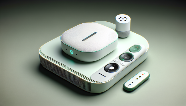 A sleek and modern streaming device in porcelain white and hazel green, with a minimalist design. The device is showcased alongside a redesigned remote with textured grip and visible volume buttons. Include visual elements representing AI integration and smart home connectivity, such as icons for voice assistants, Nest cameras, and smart home controls.