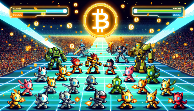 Digital pets battling on a retro game interface with a Bitcoin logo in the background