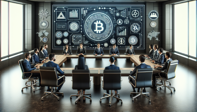 A formal boardroom setting with a diverse group of individuals seated around a large table, showcasing a blend of finance and technology elements. In the foreground, a digital screen displays the Binance.US logo, while in the background, symbols and icons represent the cryptocurrency market and regulatory compliance.